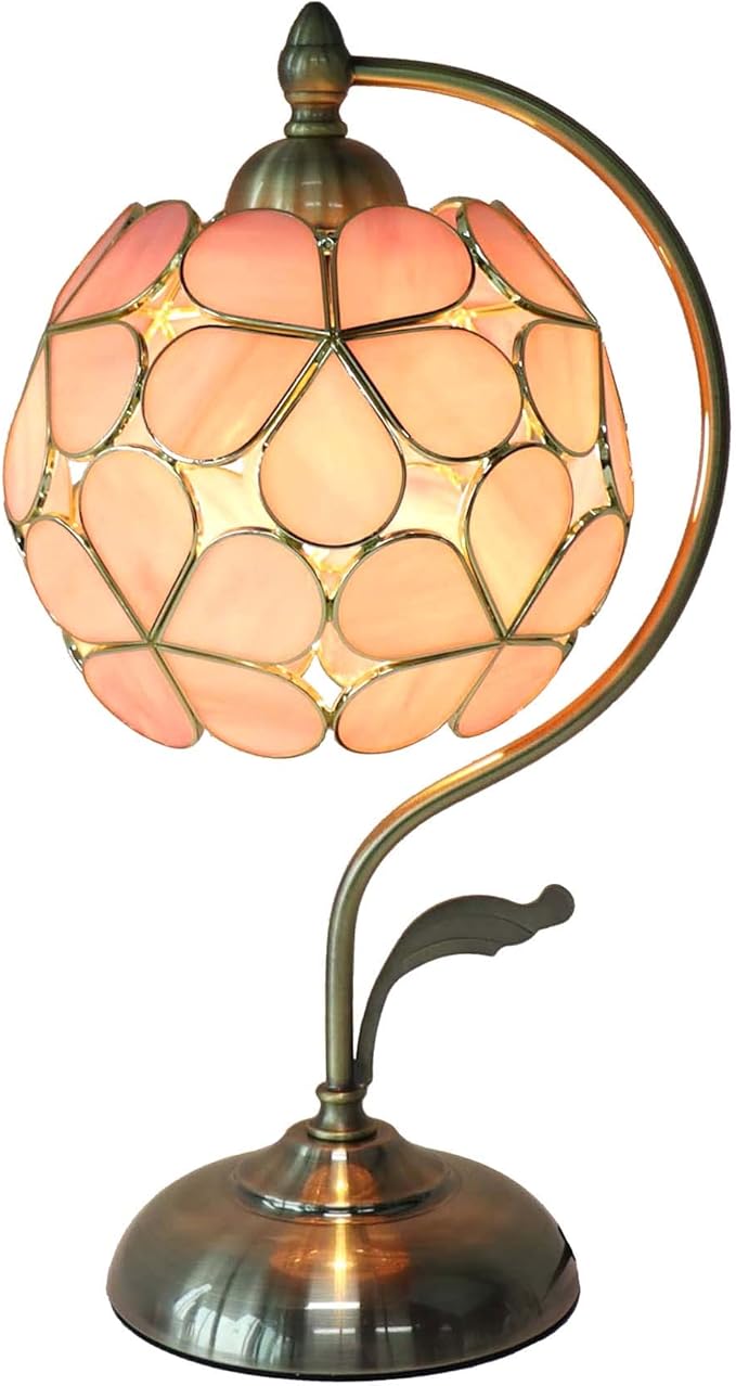 Bieye L10836 Tiffany Style Stained Glass Flower Petal Table Lamp with Brass Base for Home Décor (Pink, 8“ Flower Ball)
