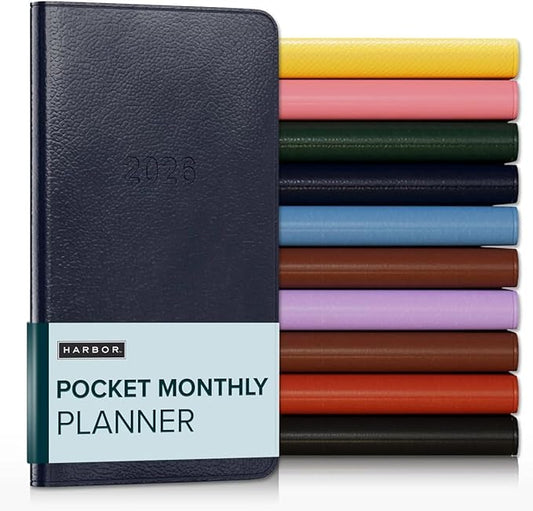 Harbor Pocket Monthly Planner 2025-2026, Calendar Planner and Notebook, Durable Faux Leather, 18 Months, 96 Pages, Softcover & Lightweight - Leida Navy - 6 x 3.25 "