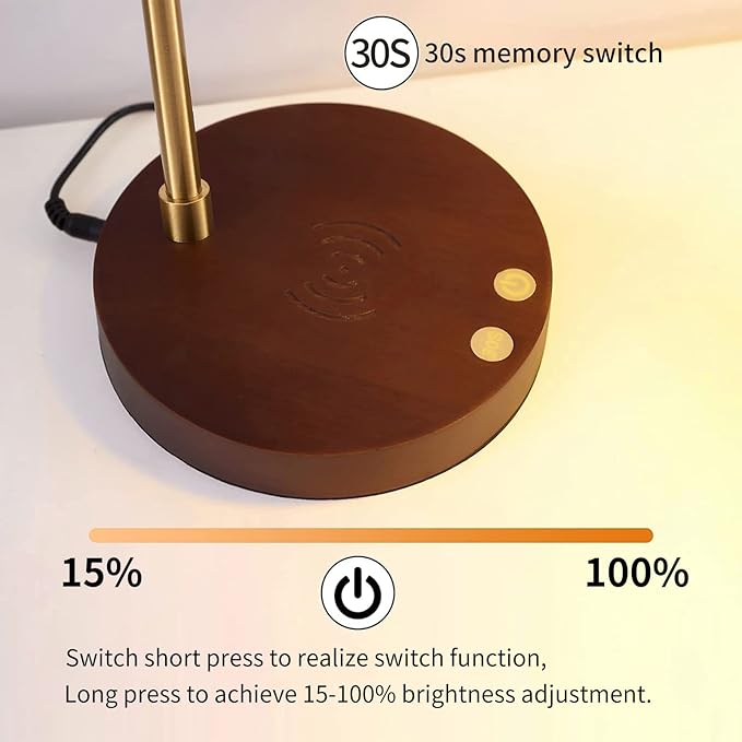 LED Wood Grain Desk Lamp with Wireless Charger, Desk Lamps for Home Office with USB Charging Port, Touch Control Desk Light Adjustable, Eye-Caring Office Lamp with Night Light