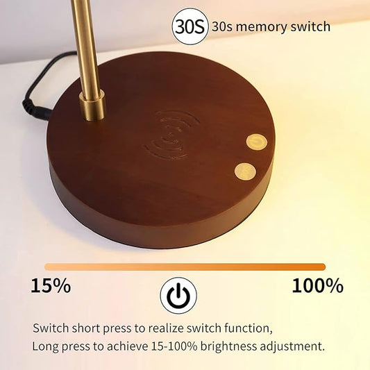 LED Wood Grain Desk Lamp with Wireless Charger, Desk Lamps for Home Office with USB Charging Port, Touch Control Desk Light Adjustable, Eye-Caring Office Lamp with Night Light