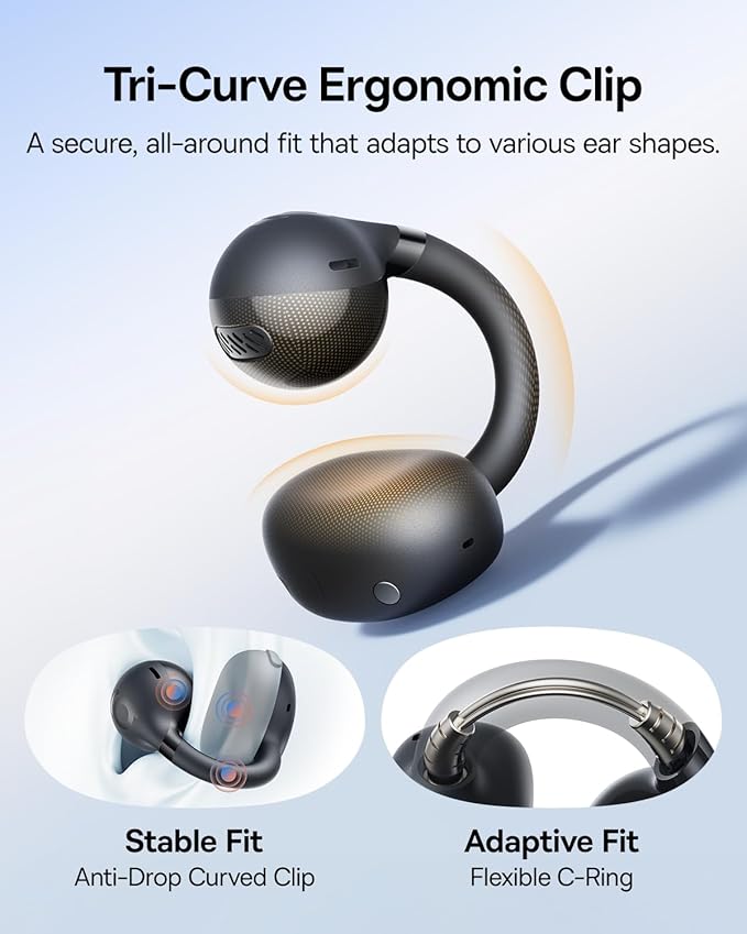 Baseus Bass BC1 Open Ear Earbuds Clip-On Headphones, Open-Ring Comfort with Tri-Curve Snug Clip, Powerful Sound with SuperBass, 4-Mic Clear Calls, IP55 Waterproof, 38H Playtime, Lightweight