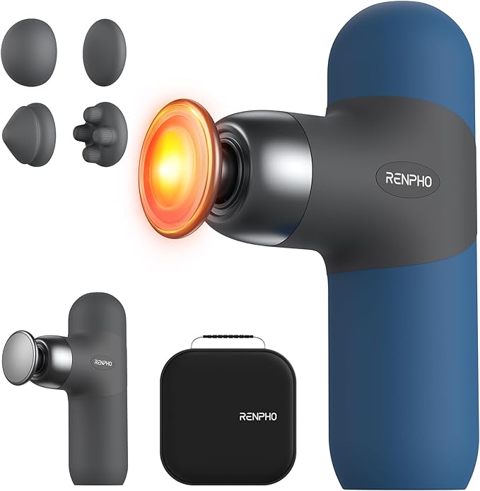 RENPHO Mini Thermal Massage Gun with Heat, Portable Deep Tissue Percussion Massager, Color Silicone Sleeves Travel Size with Carry Case, Aegean Blue