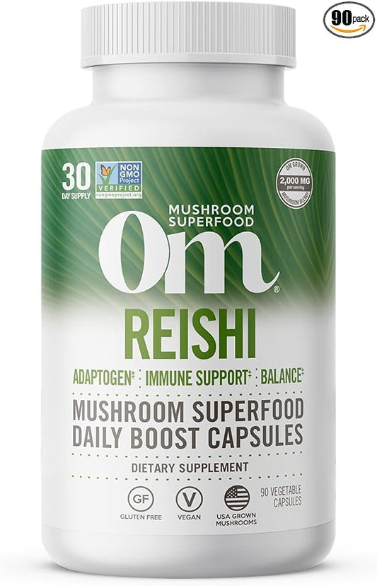 OM MUSHROOM SUPERFOOD Reishi Mushroom Capsules Superfood Supplement, 90 Count, 30 Days, Organic Adaptogen for Stress Relief and Immune Health