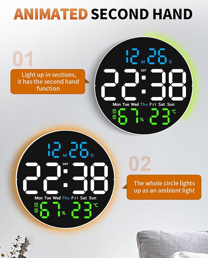 10 Inch Large Digital Wall Clock with 9 Color Changing Remote Control, Date Week Temperature, Auto Brightness Dimmer Clock Night Lights,Blue+Green