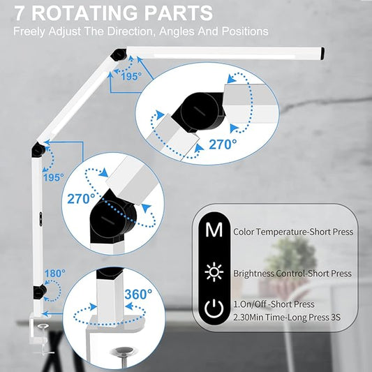 Micomlan LED Desk Lamp for Home Office, Architect Clamp Desk Lamp with Remote Control, Adjustable Dimmable Swing Arm Clamp on Table Light Clip-on Dual Light 5 Brightness Levels & 4 CCT Modes