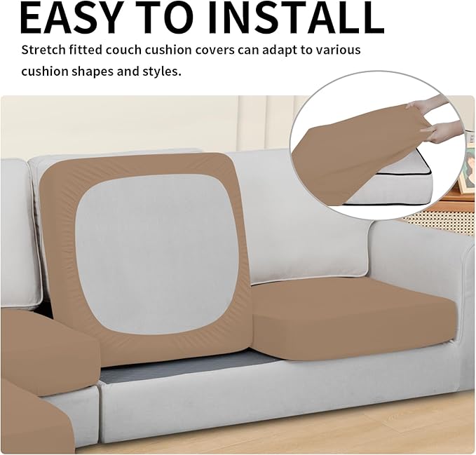 Easy-Going 100% Waterproof 4 Pieces Couch Cushion Covers for Sectional Sofa Left/Right L Shape Chaise Lounge Sofa Seat slipcover Anti-Slip Sofa Cover (3 Seater + 1 Chaise, Camel