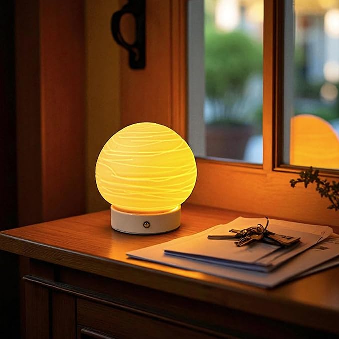 JHY DESIGN 3 Colors Bedside Rechargeable Table Lamp 6.5" H Globe Shade Battery Operated Desk Lamp Translucent Ceramics Dimmable LED Touch lamp for Living Room Bedroom Cafe Outdoors Kids Room(Planet)