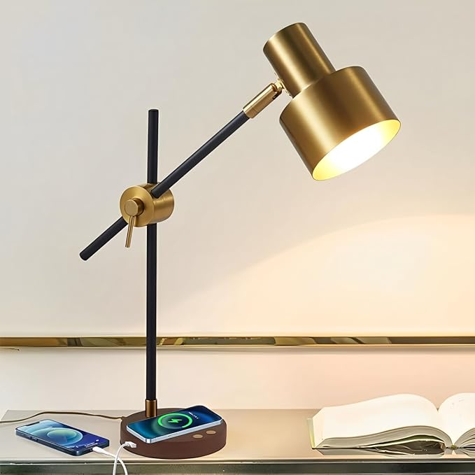 Adjustable Swing Arm Desk Lamp with Wireless Charger & USB Ports - Touch Control, 360° Flexible Metal Arm, Timer Function, Modern Office Lamp for Home Study, Bedroom, Reading (LED Bulb Included)