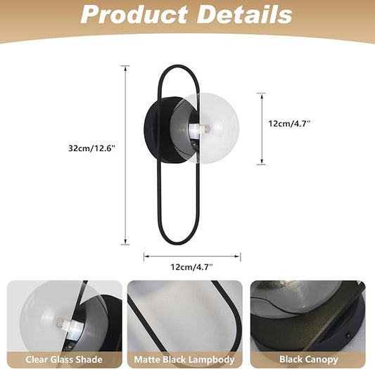 Mid Century Modern Black Wall Sconce Bubble Glass Globe Wall Sconces Lighting Small Vintage Bathroom Vanity Light Fixtures for Bedroom Hallway