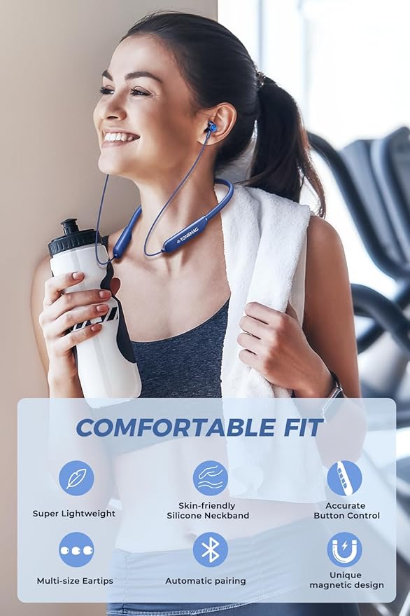 TONEMAC N8 Bluetooth Neckband Earbuds | 40Hrs Playtime Headphones, IPX6 Waterproof, Deep Bass Earphones, Clear Calls, Headset for Music, Sports, and Phone Calls Blue