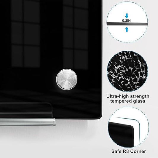 KIZZBY Black Glass Dry Erase Board - Magnetic Blackboard for Wall, 48"x36" Large Frameless Black Whiteboard for Office, Home & School