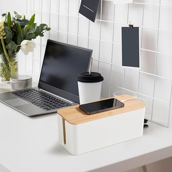 Cable Tidy Box White Cable Box with Bamboo Lid Cable Organiser Cable Management Box for Hiding Cables and Plugs