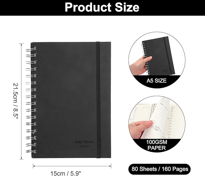 PATIKIL Undated Daily Planner with Hourly Schedule, A5 5.5"x 8.5" To-Do List Hard Cover Spiral Notebook Appointments Planner with Inner Pocket to Organize Daily Tasks Agendas, Black