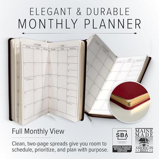 Gallery Leather Pocket Monthly Planner 2025-2026, Elegantly Bound Calendar Planner and Notebook with Stylish Gold-Gilded Page Edges, 18 Months - Acadia Pool - 6x3.25"