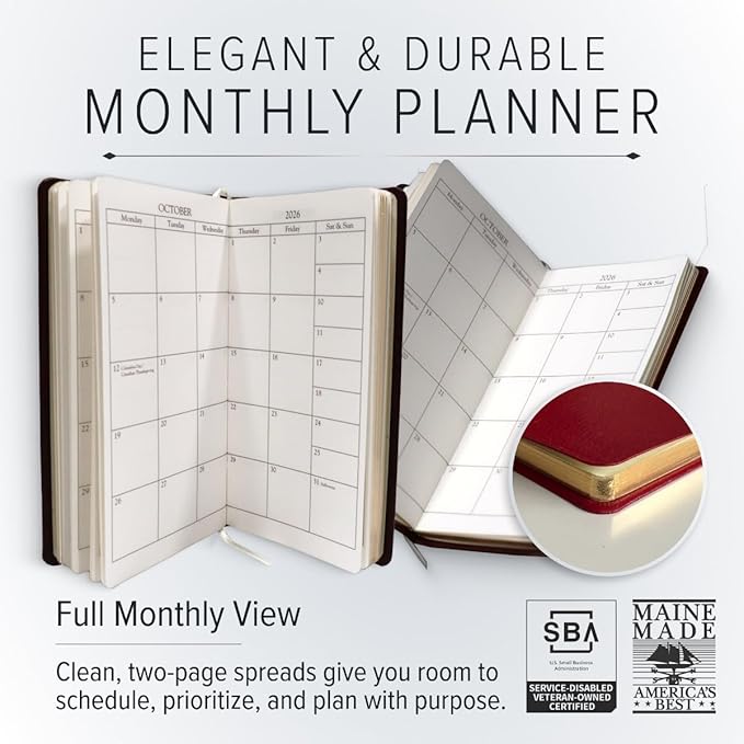 Gallery Leather Pocket Monthly Planner 2025-2026, Elegantly Bound Calendar Planner and Notebook with Stylish Gold-Gilded Page Edges, 18 Months - Acadia Navy - US Air Force - 6x3.25"