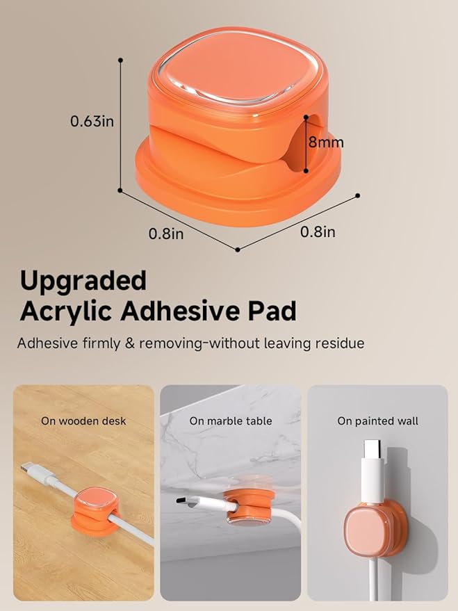 9 Pack Cord Organizer, Spring Cable Management, Adhesive Cute Cable Holder Clips, Phone Charger Wire Keeper for Desk Nightstand Car Office (9-Pack Orange)