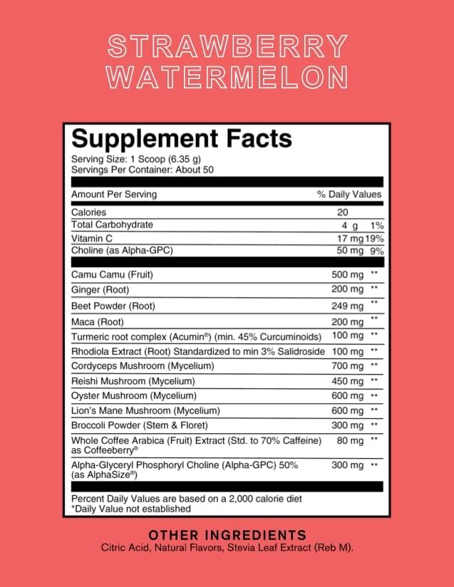 Roots Focus Nootropic Brain Supplement - Strawberry Watermelon, Blend of Lion's Mane, Cordyceps, & Reishi Functional Mushrooms + Extended-Release Caffeine, 50 Servings