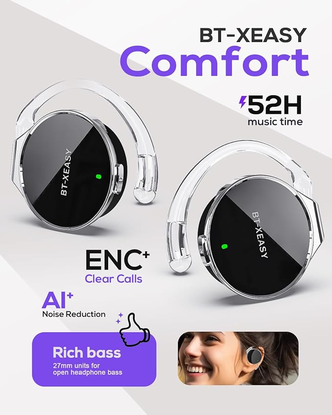 On Ear Headphones Bluetooth 5.4, Noise Cancelling Open Ear Headphones Wireless, Water-Drop Shaped Clip On Sport Headset Bluetooth with 4 Microphone, Comfort Fit Earphones with Long Battery Life
