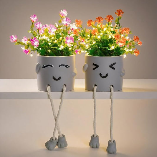 Cute Fake Plants, Flower Pots with String Lights, Fake Plants Artificial for Desk Décor, Office Decor for Women, Shelf Decor for Gift, Bathroom Decoration, Window Sill Decor