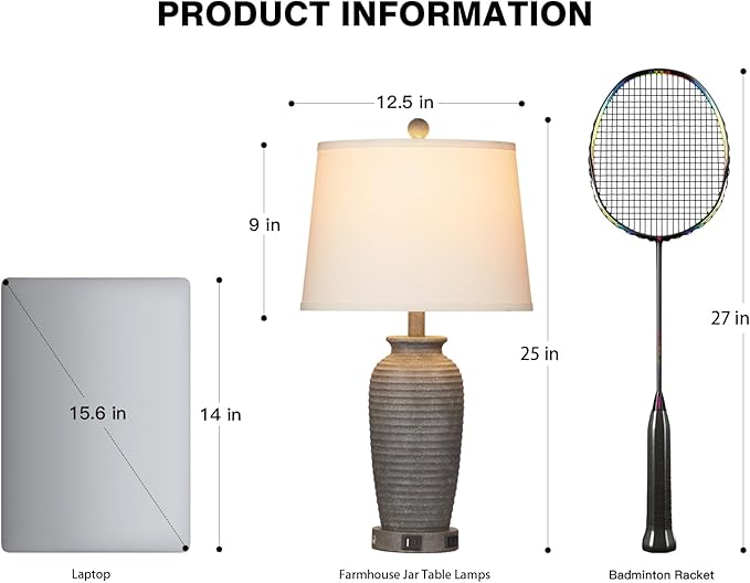 25" Farmhouse Jar Table Lamps, 3 Way Touch Control Rustic Bedside Lamps with USB A+C Ports & AC Outlet, Pot Nightstand Lamps for Bedroom Living Room (LED Bulbs Included)