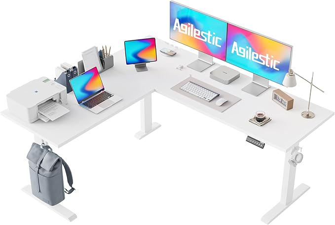 Agilestic 63 x 55 Inch L Shaped Standing Desk Adjustable Height, Corner Standing Desk, Sit Stand Up Computer Table, Splice Board, White