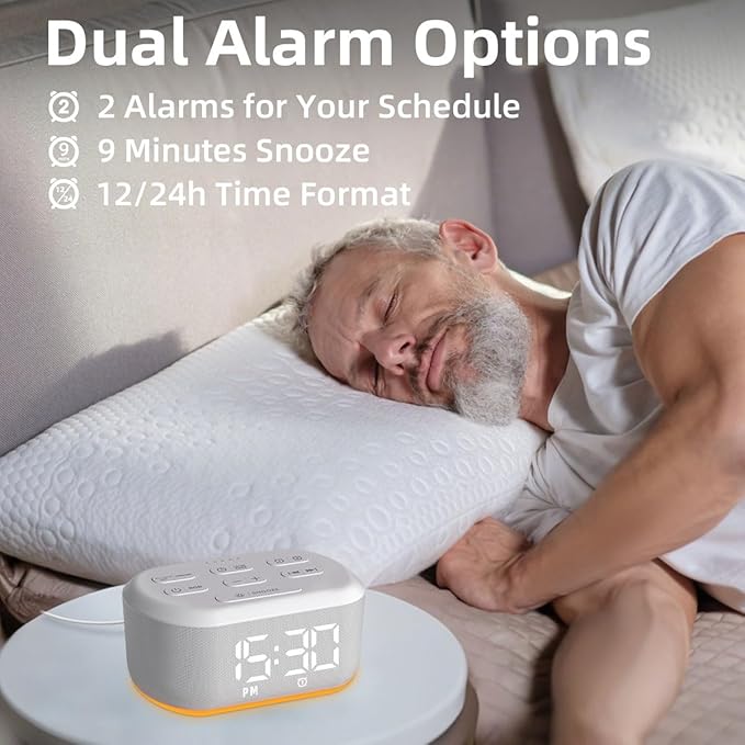 Brown Noise Machine Small Digital Alarm Clock Sound Machine for Bedrooms White Noise Machine Night Light Plug in Desk Clock with 30 Wake up Sounds Clock for Kids Heavy Sleepers Snooze 32 Levels Volume