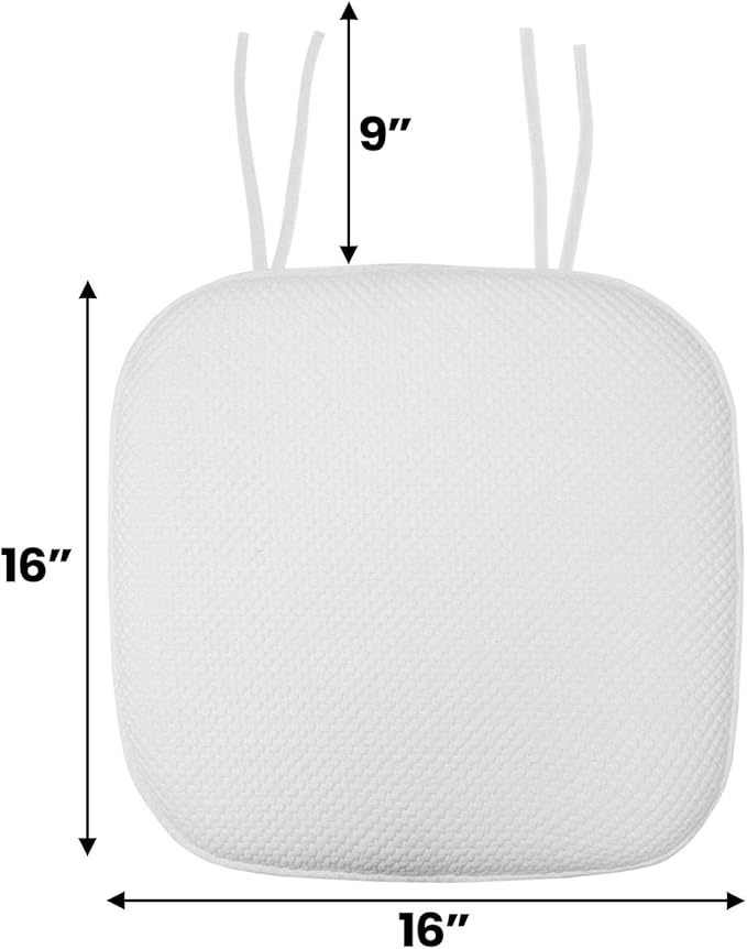 Sweet Home Collection Chair Cushion Memory Foam Pads with Ties Honeycomb Pattern Slip Non Skid Rubber Back Rounded Square 16" x 16" Seat Cover, 6 Pack, White 6 Pack