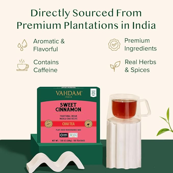 VAHDAM, Sweet Cinnamon Tea | 100 Tea Bags | 100% Natural Spices | Cinnamon Masala Chai Tea Recipe | Spiced Chai Tea Bag | Brew as Hot or Iced