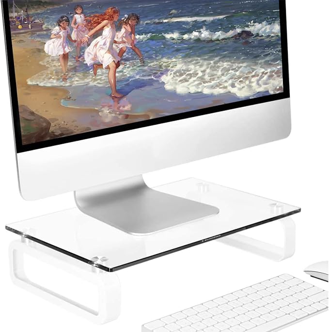 Hemudu Clear Computer Monitor Stand Riser Multi Media Desktop Stand for Flat Screen LCD LED TV, Laptop/Notebook, with Tempered Glass and Metal Legs, HD02T-001
