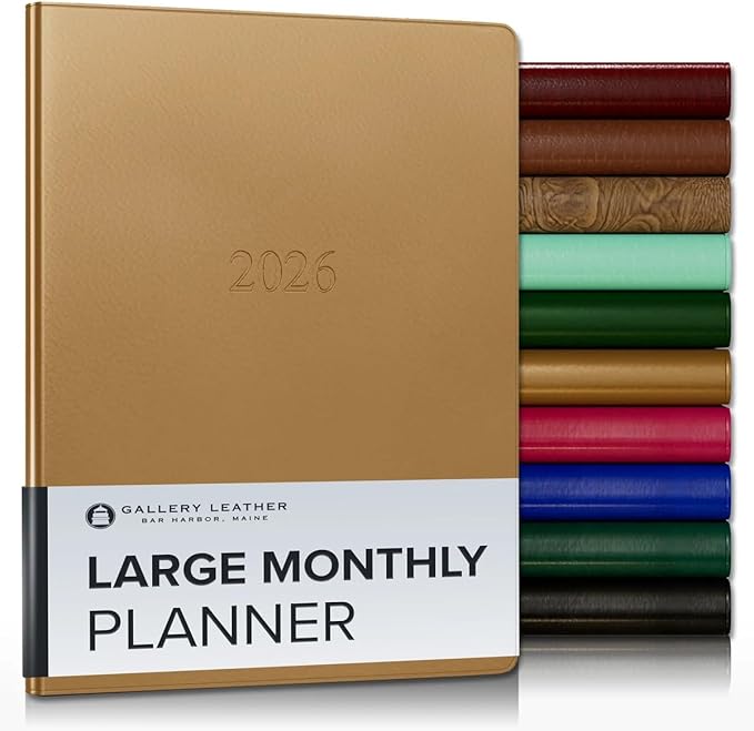 Gallery Leather Large Monthly Planner 2025-2026, Elegantly Bound Calendar Planner and Notebook with Stylish Gold-Gilded Page Edges, 18 Months - Freeport Metallic Gold - 9.75x7.5"