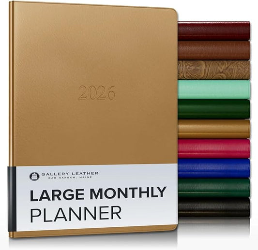 Gallery Leather Large Monthly Planner 2025-2026, Elegantly Bound Calendar Planner and Notebook with Stylish Gold-Gilded Page Edges, 18 Months - Freeport Metallic Gold - 9.75x7.5"