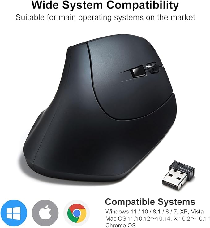 SANWA 2.4G Wireless Ergonomic Mouse, Optical Vertical Computer Mice, Silent Noiseless Click, (800/1200/1600 Adjustable DPI, 6 Buttons) Compatible with MacBook, Laptop, Windows, Mac OS