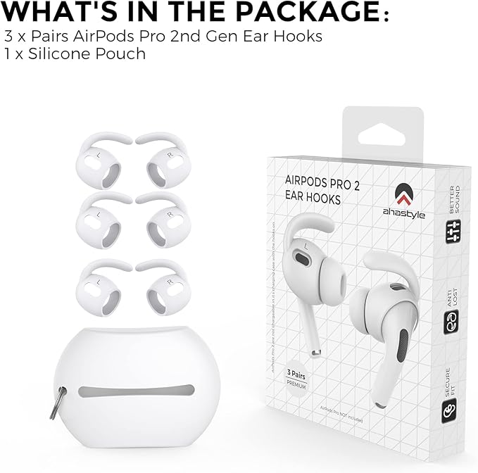 AhaStyle 3 Pairs AirPods Pro 2nd Generation Ear Hooks【Added Storage Pouch】 Anti-Slip Ear Covers Silicone Accessories Compatible with Apple AirPods Pro 2nd Generation (3 Large, White)