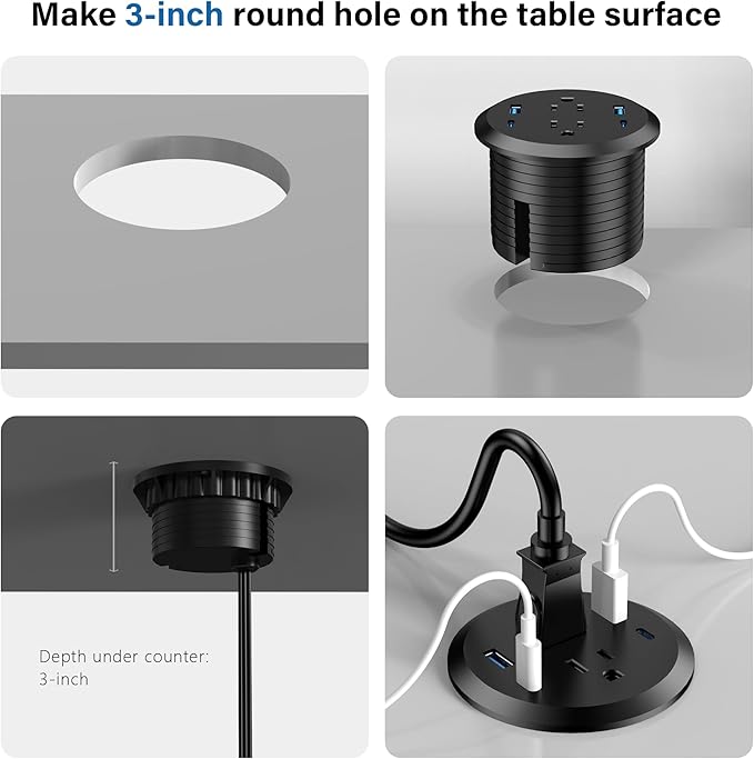 3 inch Desktop Power Grommet with PD 20W USB C,Furniture Recessed Power Strip,2 Outlets,4 USB Ports,40W Total,Flush-Mount for Desktop, Workspace Essential Desk Outlet (Black, 3 FT Cable)