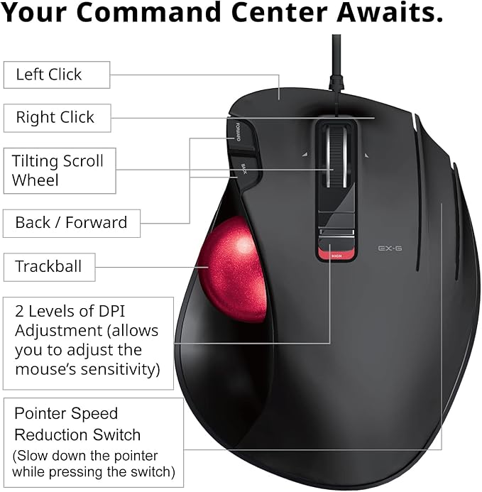 ELECOM EX-G Wired Trackball Mouse, Ergonomic Thumb Control, Smooth Tracking Roller Ball, 5 Programmable Buttons, Tilt Scroll, Computer Mice for PC Mac