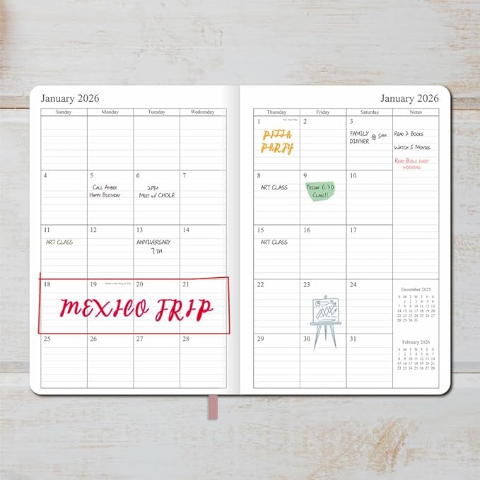 2025-2026 Planner - Weekly and Monthly Planner, Oct 2025 - Dec 2026, Holidays, Contacts and Notes Pages, Vegan Leather Cover, Elastic Closure, 5.5”x8.25”, Rose Gold