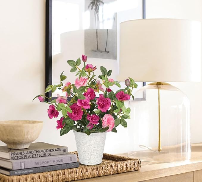 Hollyone Artificial Plants & Flowers in Vase Red Camellia Roses Small Faux Flower Plant Arrangement with Pot Fake Rose Flowers Home Decor Office Bathroom Shelf Desk Table Decoration