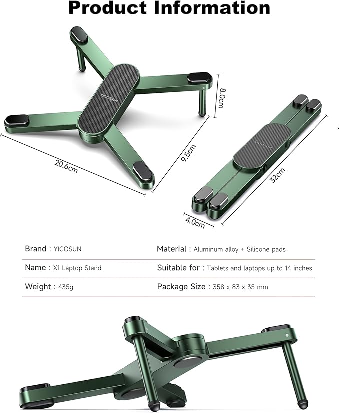New Concept Laptop Stand - Adjustable Ergonomic Aluminum Riser for MacBook Pro/Air up to 15.6” - Foldable & Portable Computer Stand for Desk, Students, Office, Travel, Gaming - Green