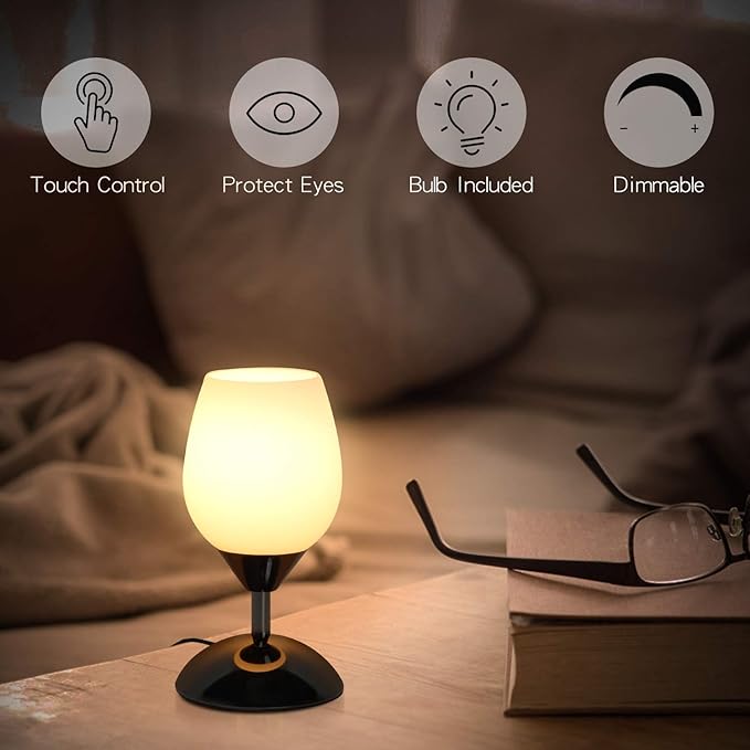 Boncoo Touch Control Table Lamp Dimmable Small Lamp, Ambient Light with Opal Glass Shade Simple Night Light, Modern Accent Lamp Bedside Nightstand Lamp for Bedroom Living Room, E12 Bulb Included