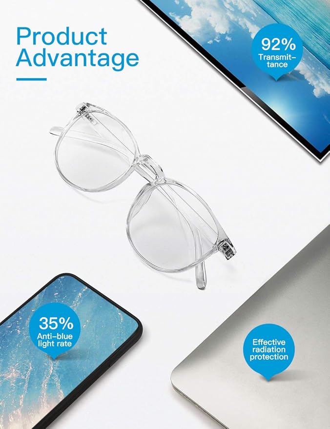 CNLO Blue light blocking Glasses,Computer Gaming Glasses,TV Glasses，For UV Protection, Anti Eyestrain,Lightweight Frame Eyewear,Transparent Men/Women (Crystal)