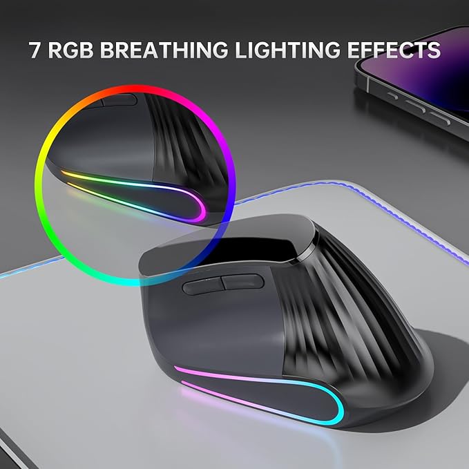 Ergonomic Vertical Mouse Wireless, Bluetooth Ultra-Fast Scrolling 4800 DPI Rechargeable Ergo Mouse, 2.4G Quiet Clicks 6 Buttons RGB Optical Mice, 3 Multi-Device Connectivity for Mac, Laptop - Black