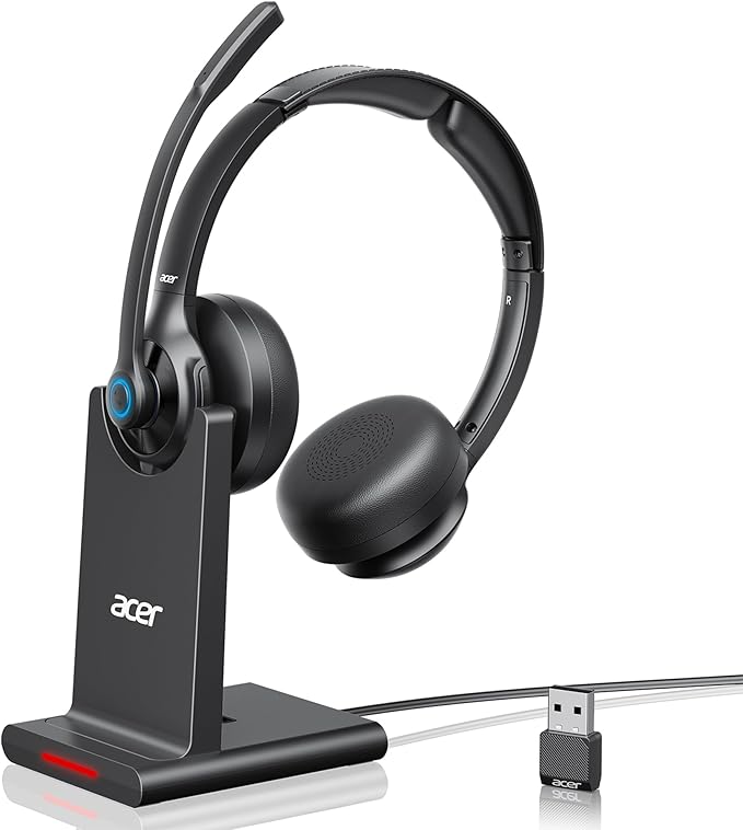 acer Wireless Headset with Mic for Work - 2.4G Bluetooth 5.3 Dual Mode Headphones,36Hrs Battery,ENC Crystal-Clear Calls Mic,USB Dongle for PC,Bluetooth Headset for Phone/Tablet, Home/Call Center