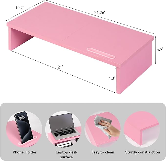 21" Monitor Stand Riser with Phone Holder, Monitor Stand for Desk, Computer Monitor Stand, Desk Shelf for Top of Desk, Desktop Organizer for Laptop, Printer, TV