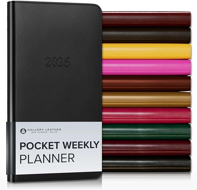 Gallery Leather Pocket Weekly Monthly Planner 2025-2026, Elegantly Bound Calendar Planner and Notebook with Stylish Gold-Gilded Page Edges, 12 Months - Freeport Black - 6 x 3.25 "