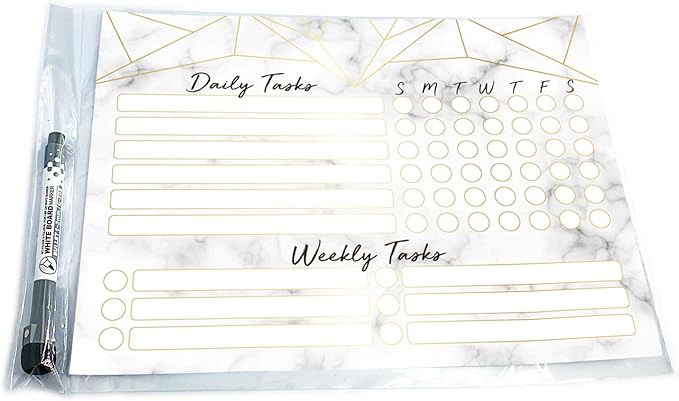 Dry Erase Whiteboard Task Planner | Removable and Restickable Adhesive Decal | Fine-Tip Magnetic Marker Included (9 x 12 inches, Marble)