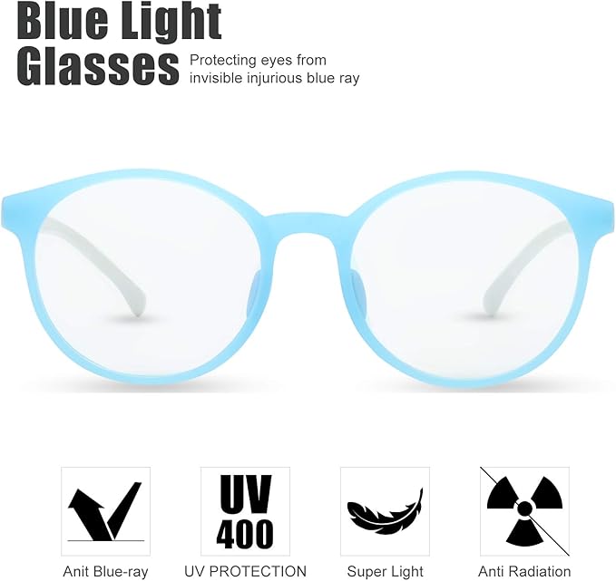 Kids Blue Light Blocking Glasses Silicone Flexible TR-90 Frame, Computer Gaming TV Phone Glasses for Boys Girls Age 3-14 (3-12 yr-Old, B0302 Blue, White)