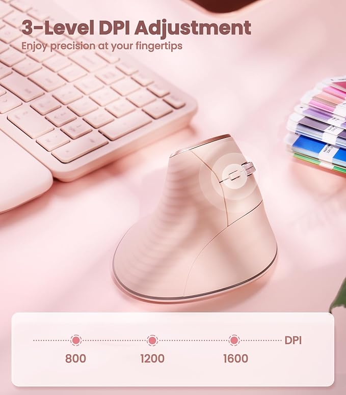 Nulea M510 Vertical Mouse Wireless, Ergonomic Mouse for Comfy Tracking, 3 Adjustable DPI (800-1200-1600), 2.4G Wireless Vertical Mouse with 6 Buttons, Compatible with Windows, Mac OS, Laptop, PC,Pink