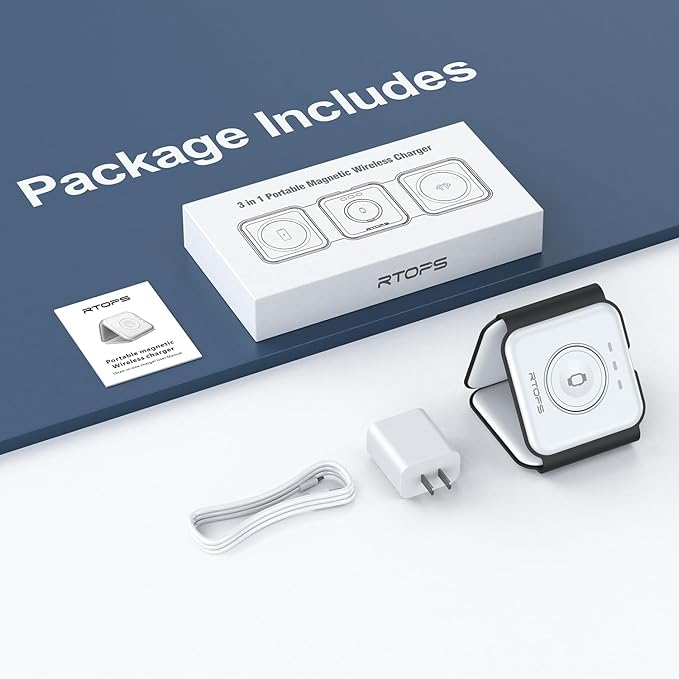 Wireless Charger 3 in 1,RTOPS Magnetic Travel Wireless Charging Station Multiple Devices,GaN 3 in 1 Charging Station,Compatible for iPhone16/15/14/13/Pro/Max,iWatch,AirPods4/3/2/Pro(Adapter Includes)