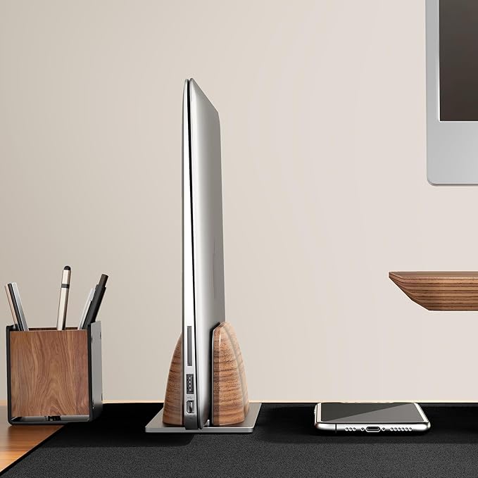 UPERGO Vertical Laptop Stand for Desk, Laptop Holder to Dock MacBook, MacBook Pro and Other Laptops, Black Walnut Wood