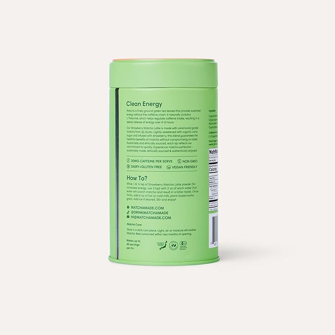 Morning Made Strawberry Flavoured Ceremonial Grade Matcha Powder | 8.46oz (240g) Resealable Tin | 60 Servings Premium Japanese Green Tea | Sweetened with Organic Sugar | Rich in Antioxidants & Energy Boosting